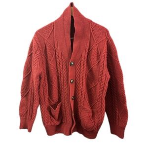 Men's Red Cable Knit Sweater Cardigan wool blend Large Ecclectic Grandpa